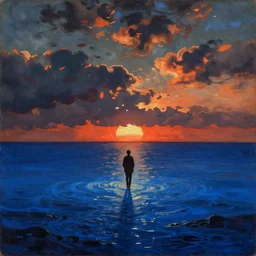 the first blue color getting out of the primordial ocean to walk on land. sunset through the clouds. codex seraphinianus. painting by yves tanguy, caspar david friedrich, moebius, walton ford, rene magritte