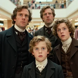 sharp, highly detailed, 65mm film, high quality frame scan from a sci fi blockbuster color movie made in 2019, a family of four time travelers from 1860 travel in time to 2019, appearing in a shopping mall, looking surprised, the family are all wearing 1860s era clothes, good lighting, in focus, cinematic still, high quality scan, in focus, 35mm macro lens, detailed eyes, realistic faces and details, oscar winner, award winning lighting, award winning photography, ultra high definition