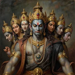 a beautiful cinematic masterpiece headshot portrait of majestic colossal gothic hindu asura demon god ravan with ten heads, from ramayan, symmetric centered portrait, by wes anderson, by leonardo da vinci, by tim hildebrandt, by greg rutkowski, oil on canvas, trending on artstation, featured on pixiv, brilliant diffused studio lighting, sharp, hyper - detailed, cinematic composition, no frames, hd, 8 k