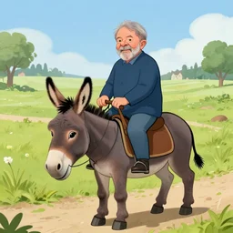 Lula da Silva riding a donkey Funny cartoonish by Gediminas Pranckevicius and mort drucker Tomasz Alen Kopera, masterpiece, trending on artstation, 8k,