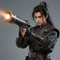 fine details portrait of A sorcerer wielding a futuristic blast cannon, bust shot, concept art masterpiece by artgerm. 8k, sharp high quality in style of Shintaro Kago,