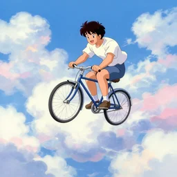 A happy man flying in the sky on his bicycle in the clouds synesthesia vintage 90\'s anime mixed with pastel impasto highly rhythmic expressionistic wild symmetrical cutest chess piece cosplay pleasing palette trending on artstation funhouse surreal unpredictable wild unexplainable fantasy land you could not have dreamed of in the gritty posterized grainy analog style of studio Ghibli and 1960s americana Comics, HQ 8k scan