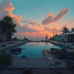 a stylized 2 d cinematic keyframe of a post - apocalyptic swimming pool at dawn covered by nature, destroyed plane, debris, abandoned, joy gaze, cel - shaded, classical animation, edge - to - edge print, rendered by studio ghibli, artgerm, alyssa monks, andreas rocha, david kassan, neil blevins, rule of thirds, golden ratio, ambient lighting,