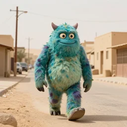 a monster walking in a desert street.