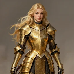 Gorgeous Blond Lady Knight in an ornamental Gold and Black armor, fantasy, by Frank Franzetta, trending on Artstation, trending on Deviantart, artstationHQ, artstationHD, full color