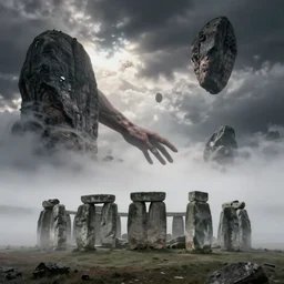 arm reaching out of thick fog, rocks in the sky, stonehenge, zdzislaw beksinski