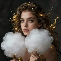 a dramatic lighting photo of a beautiful young woman with cotton candy hair. gold splashes. moody, melanchonic. with a little bit of gold and black