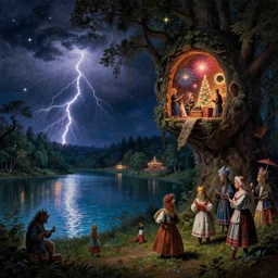 a night carnival around a magical in a summer storm, tree cavity with a music scenario with many fireworks and christmas lights, next to a lake with iridiscent lake water, volumetric lightning, folklore people disguised with fantastic creatures in a magical forest by summer night, masterpiece painted by adam elsheimer, scene by dark night environment, refraction lights, five star stories