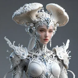 intricate higly detailed and realistic textured ultra sharp focus 3 d render of a beautiful cyberpunk woman portrait, cinematic medium shot portrait, unity of mood, white silver armor, haute couture huge fractal mycelum and crystal pore fungi embroidered head ornaments, alexandre ferra mecha, gundam, art nouveau, leaves stems filigree roots, subsurface scatter bright light, lumiol, octane render, volumetric cinematic lighting, 8 k, vray tracing