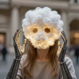 realistic photo of a a blurred pose of a human with very long hands made of wires, and the face made of fluffy furry fur spiky cotton pads, emitting aura 1 9 6 0, life magazine photo, natural colors, metropolitan museum, kodak, 8 k, very detailed, high resolution, product photo,