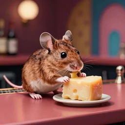 an elegant mouse eating cheese at a bar, memphis group