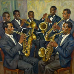 a painting of a group of men playing instruments, a jazz band in new orleans, an ultrafine detailed painting by romare bearden, behance, black arts movement, artwork, fauvism, academic art