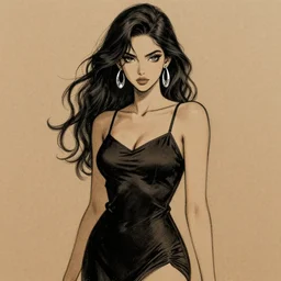 gorgeous young woman with silver earrings, wearing a camisole, full body drawing, black and brown colors, in the style of greg rutkowski, anime artstyle, intricate