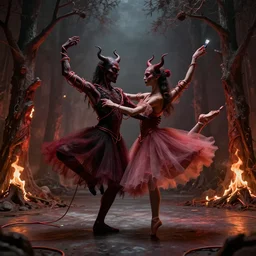 two demons dance ballet in hell with ethernet cables!!! wrapped around their arms, trees burn! beksinski, dariusz zawadzki, very coherent symmetrical artwork. cinematic, hyper realism, high detail, octane render, 8 k