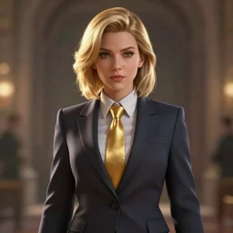 woman wearing suit with golden tie, golden hair, cinematic, digital art, artstation