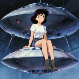 a film still of a 1 9 5 0's sci fi anime girl sitting on top of sci fi flying ufo landing in hangar of giant ufo spaceship, sharp face focus, finely detailed features, full body mid shot, perfect art, trending on pixiv fanbox, painted by gaston bussiere, makoto shinkai, akihiko yoshida, gaston bussiere, craig mullins