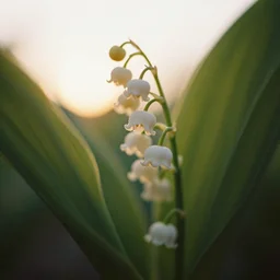 Closeup macro photo of lily of the valley, 35mm, octane, sunrise, backlit