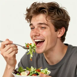 an illustration of a young man eating salad and laughing,hyperdetailed,detailed face,art by greg rutkowski,trevor henderson,artstation,deviantart