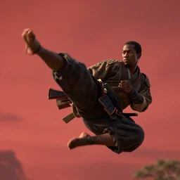a film still of a light skinned black man starring as an ancient samurai flying doing a flying kick, japanese blockbuster film, the sky is red, shallow depth of field, cinematic, award winning cgi, vfx, film still