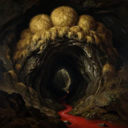 a deep and dark cave leading into a mountain with golden balls of hay on top and a little red creek running out of it it, volumetric lighting, cinematic composition, highly detailed painting by rembrandt and albrecht durer