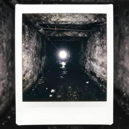 an unknown anamorphic entity on an underground long sewer with toxic waste all around and black water, tiny spiders and insects, black and white 1 9 5 0 polaroid photography with flash light, grainy film, flash light
