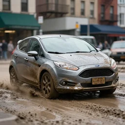 street photography by saul leiter, in a muddy new york street, award winning photo of an ultra detailed intricate dirty ford speeding very very fast on mud, fast shutter speed, motion blur, tiny gaussian blur, highly detailed, highly intricate, depth of field, trending on top gear