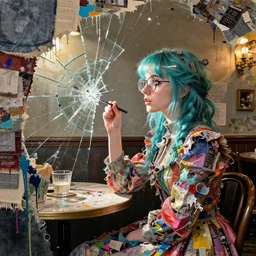 a victorian girl from london england with turquoise hair wearing glasses, sitting in a cafe, side portrait, passionate, spotlight, dramatic, paint drips, textiles, collage, mixed media, paint splatter, scraps, vibrant colors, futuristic clothing, beautiful eyes, broken glass, by marco paludet, by jeremy mann, by hannah hoch