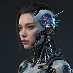 cyberpunk human 3 d by pantokrator, beautiful sexy woman head made of mech mask rendered in unreal engine, nanotechnology, cyberpunk, dark, scifi, cooper wires and cyberntic vessels coming from core processor, contrast, painted by david burliuk | bernard buffet | carne griffiths | stanislaw lem