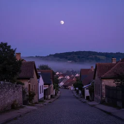 in the style of gerald brom, caravaggio, beautiful small town, houses and buildings, 1 8 0 0 s, cobblestone roads, low light, purple and blue skies, low moon, trees, forest in the distance, light mist