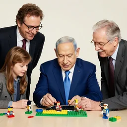 benjamin netanyahu playing with legos, by michael cheval and normal rockwell