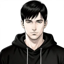 manga cover, black-haired short-haired russian man wearing a black hoodie, short stubble beard, intricate cyberpunk city, emotional lighting, character illustration by tatsuki fujimoto
