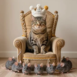 A tabby cat sitting on a throne, wearing a crown made out of knitting yarn, with a group of mice bowing down to the throne