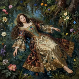 artistic painting, medieval princess, wearing ornate robes, beautiful eyes and lips, full body, floating supine in a forest pond, flowers, art by artgerm and wlop and brom, highly detailed, 8 k, cinematic, digital painting, sharp focus, illustration, masterpiece