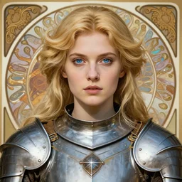 fantasy RPG symmetrical portrait, centered shoulders up view, young blonde woman, blonde hair, blue eyes, iron plate armour, pale skin, 4k, by Alphonse Mucha, highly detailed, soft lighting 8k resolution