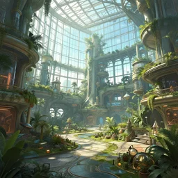 Matte painting of the interior view of giant glass atrium. Ecopunk park. Fantastical, detailed digital art trending in artstation