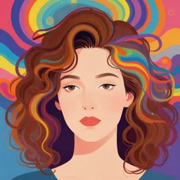 a colorful vibrant closeup portrait of a simple caucasian woman with curly mid length brown hair with a calm aesthetic face and dreaming psychedelic hair, by kawase hasui, moebius, edward hopper and james gilleard, zdzislaw beksinski, steven outram colorful flat surreal design, hd, 8 k, artstation