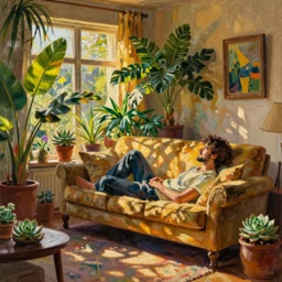 A cozy, warm living room, bathed in golden light, with many tropical plants and succulents, a lone!!!! figure is resting on an old couch, highly relaxed, sunday afternoon, living the good life, at peace, figurative oil on canvas by André Derain, Albert Marquet, Auguste Herbin, Louis Valtat, Musée d'Orsay catalogue