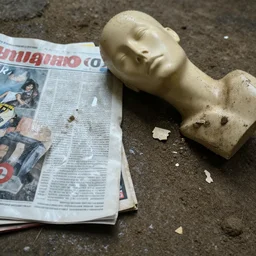 wet paper and magazines next to a lumpy broken mannequin, dirt, 4k, found footage