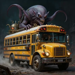 cthulhu driving a steampunk school bus. highly detailed science fiction painting by norman rockwell, frank frazetta, and syd mead. rich colors, high contrast, gloomy atmosphere, dark background. trending on artstation