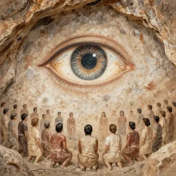 an ancient cave painting of a giant eye floating above a crowd of people