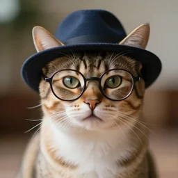 a cinematic cat with glasses and a hat, front view, ultra realistic, canon, 3 5 mm, bokeh, coherent