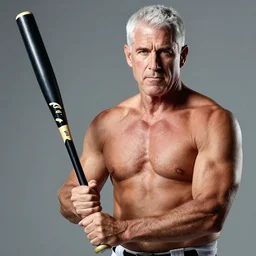 a photo of a shirtless, muscular, mike pence, intimidatingly holding a baseball bat. professional photo shoot.
