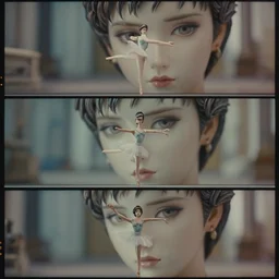 beautiful three point perspective film still of funky pop ballerina in ronin, extreme closeup portrait in style of frontiers in blade runner miniature photography fashion architectural art studio seinen manga edition, porcelain holly herndon statue, tilt shift background, soft lighting, kodak portra 4 0 0, 8 k, macro, cinematic style by emmanuel lubezki