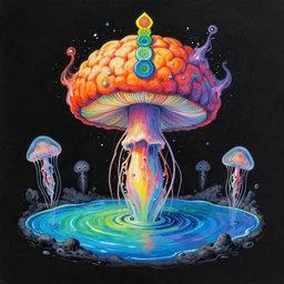a chakra exploding brain mushroom lsd limerence paintbrush jellyfish nervous system suspended in rainbow liquid paint lake on a creative whimsical alien planet, black paper, obscure, serendipity, geof darrow, dan mumford, moebius