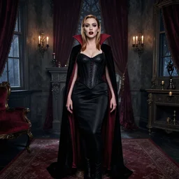 rosamund pike posing as a vampire in a gothic apartment