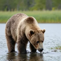 a bear chugging a bear by a lake