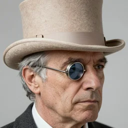 grey haired man in beige top hat and silver monocle, intricate, highly detailed, face enhance