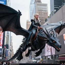 game of thrones Daenerys riding a dragon in new york time square, 4k uhd photo