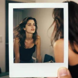 Worksafe.1990s,unbelievably beautiful,perfect,dynamic,epic,cinematic 8K HD movie shot of a young woman in front of mirror, she is reflected. With Instagram filters,Photoshop,Adobe Lightroom,Adobe After Effects,taken with polaroid kodak portra