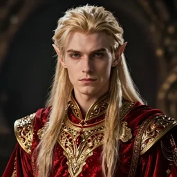 a portrait of a noble high elf with long blonde hair, young adult male, wearing red and gold ornate attire, style by donato giancola, wayne reynolds, jeff easley dramatic light, high detail, cinematic lighting, artstation, dungeons and dragons